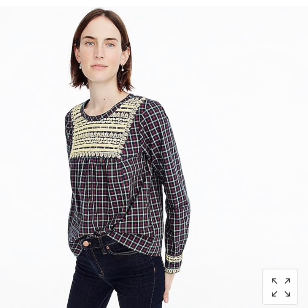 NWOT J Crew Embroidered Plaid Peasant Top ❤️
